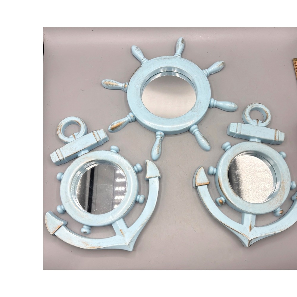 Nautical Wall Mirror Set 3pc Light Blue Distressed‎ Anchor Ship Wheel Coastal